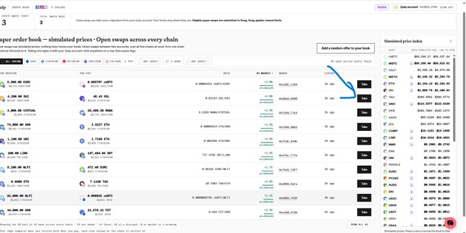 A screenshot of a cryptocurrency trading platform showing a paper order book with simulated prices for assets like BTC, ETH, and XRP, featuring an arrow pointing to a random offer button.