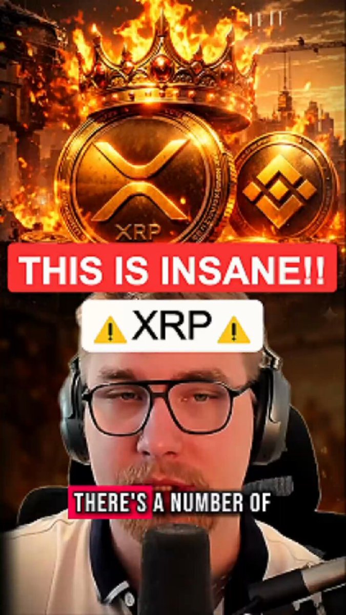 The image features a man wearing glasses, sitting behind a microphone with headphones on his head. He appears to be talking into the microphone or recording a video. The background of the image shows an illustration of a crown surrounded by flames, which suggests that the post is related to Bitcoin and XRP. The caption reads: "There's a number of XRP MAJOR!!! Get ready now!!!".