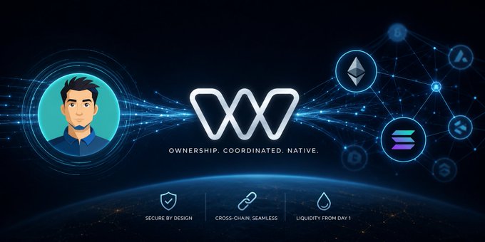 A promotional graphic for a cryptocurrency/Web3 project featuring a cartoon man, the tagline 'OWNERSHIP. COORDINATED. NATIVE.', icons for Ethereum and Solana, and features 'SECURE BY DESIGN', 'CROSS-CHAIN, SEAMLESS', and 'LIQUIDITY FROM DAY 1'.