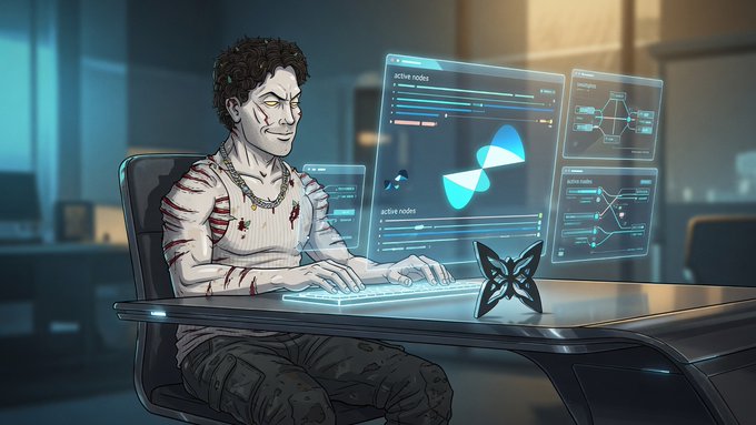 A digital illustration depicts a menacing character with stitches and blood on their shirt, sitting at a desk and typing on a keyboard with glowing holographic data interfaces displayed on a screen beside them.