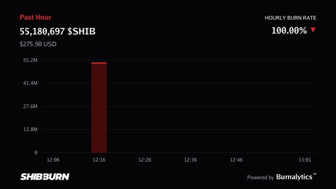 The image is a chart from Shibburn showing the hourly burn rate of SHIB tokens, with 55,180,697 $SHIB ($275.90 USD) burnt in the past hour at a 100.00% rate, visually displaying a single large red bar around 12:16 that corresponds to the one transaction of token burning mentioned in the post.