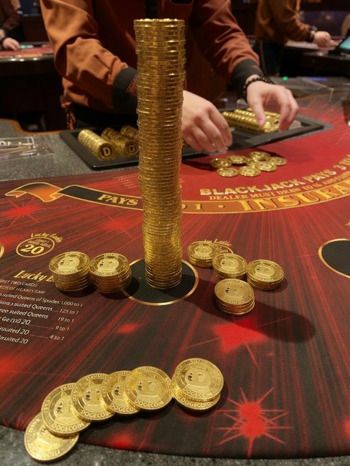 A towering stack of gold "One" casino chips rises from a Blackjack Pays 3 to 2 table, with a dealer in a brown shirt arranging more chips nearby. The image plays on the "$DOGE" meme by referencing the "Stack It Up" phrase, using the literal stack of chips to symbolize building up crypto holdings.