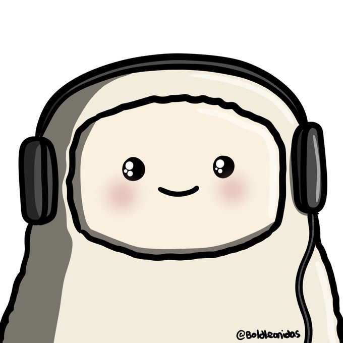 A cartoon illustration of a smiling white marshmallow-like character wearing black headphones, signed '@BoldLeonidas' in the corner.