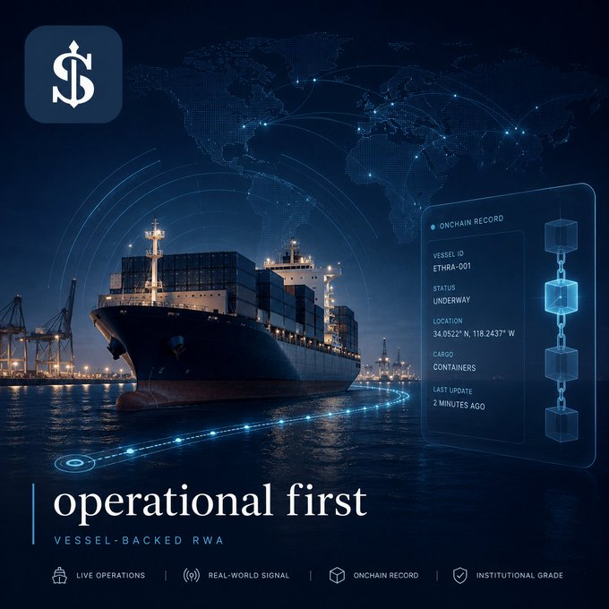 A promotional graphic featuring a large container ship at a port with a digital world map overlay, displaying text 'operational first' and 'VESSEL-BACKED RWA' along with features: LIVE OPERATIONS, REAL-WORLD SIGNAL, ONCHAIN RECORD, and INSTITUTIONAL GRADE. An onchain record panel shows vessel ID ETHRA-001, status UNDERWAY, location 34.0522° N, 118.2437° W, cargo CONTAINERS.