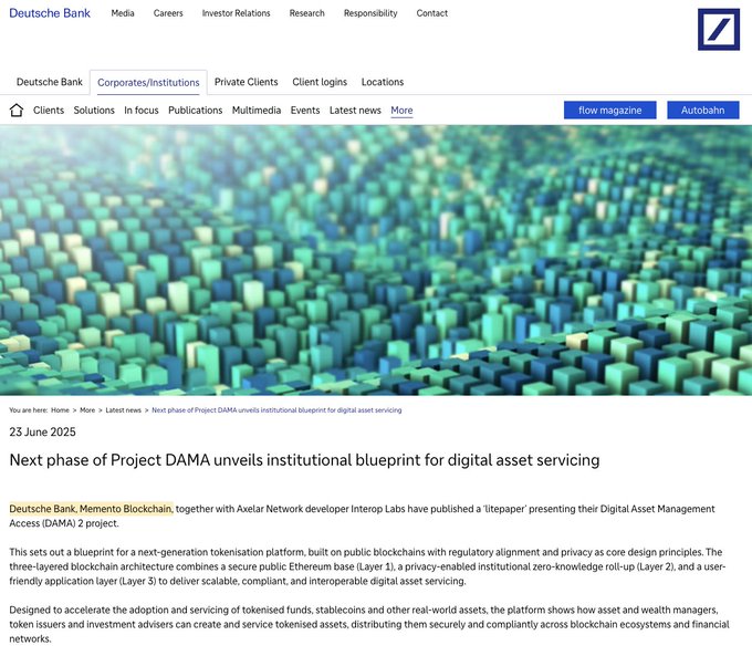 Deutsche Bank's corporate website displays an article dated 23 June 2025 titled 'Next phase of Project DAMA unveils institutional blueprint for digital asset servicing,' featuring a blue 3D cube graphic and detailing a collaboration with Memento Blockchain and Axelar Network developer Interop Labs.