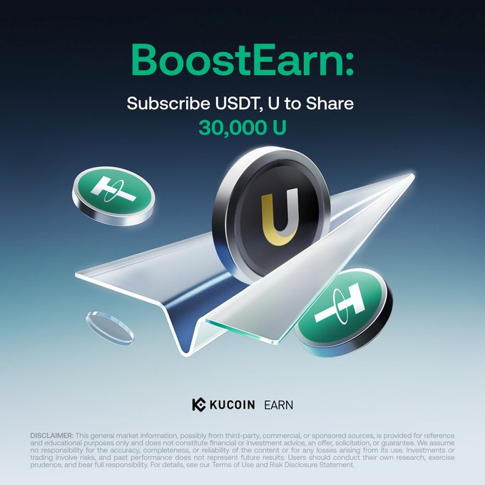 **Caption:** A promotional graphic from KuCoin Earn advertising a "BoostEarn" campaign where users can "Subscribe USDT, U to Share 30,000 U," featuring floating USDT and U coins alongside the KuCoin Earn logo.

**Relationship to the post:** The image serves as the visual announcement for the KuCoin x Conflux collaboration, highlighting the USDT-based subscription rewards that align with the broader 60,000 USDT liquidity campaign described in the post—specifically showcasing the earn/subscribe mechanic used to distribute part of the shared reward pool on the Conflux network.