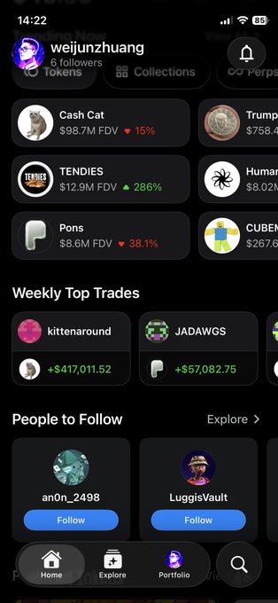 A mobile app screenshot for weijunzhuang showing 6 followers, with meme tokens like Cash Cat, TENDIES, Pons, and Trump visible, along with Weekly Top Trades and People to Follow sections.