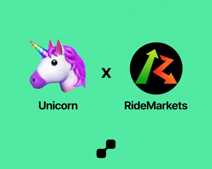 A partnership graphic showing a purple and white unicorn emoji next to the text 'Unicorn' on a green background, followed by an 'x' and the 'RideMarkets' logo featuring green and red arrows in a black circle, with a linking icon below.