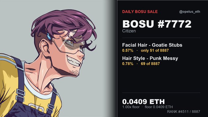 An anime-style NFT character with purple hair and goatee stubbs is displayed as "BOSU #7772" listed for "0.0409 ETH" with attributes "Facial Hair - Goatie Stubs" and "Hair Style - Punk Messy."