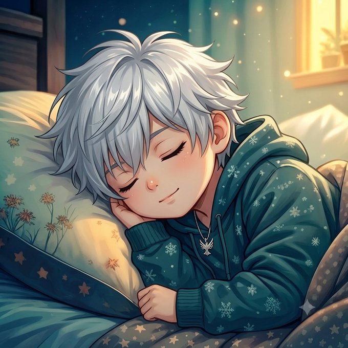 An anime-style illustration of a sleeping boy with silver hair wearing a teal snowflake-patterned hoodie, resting on a floral pillow.