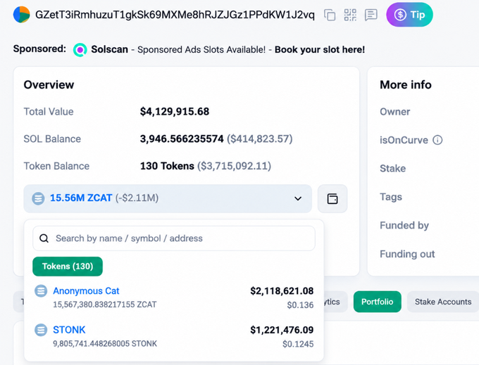 A screenshot of a cryptocurrency portfolio dashboard showing a total value of $4,129,915.68 and token balances including "Anonymous Cat" and "STONK", associated with the address GZetT3iRmhuzuT1gkSk69MXMe8hRJZJGz1PPdKW1J2vq.