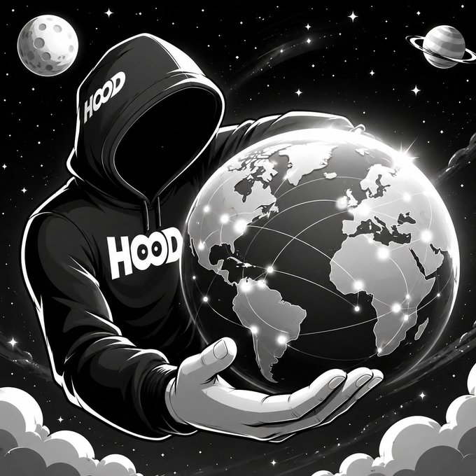 A hooded figure in a black hoodie emblazoned with "HOOD" cradles a glowing Earth in hand, set against a starry cosmos with the moon and Saturn, symbolizing the global expansion and worldwide presence of HOOD.
