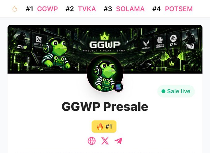 Promotional banner for the GGWP Presale crypto token, featuring a green frog mascot in a gaming jersey surrounded by logos for CS2, Dota 2, Valorant, League of Legends, EA FC, and PUBG. The top shows rankings: #1 GGWP, #2 TVKA, #3 SOLAMA, #4 POTSEM, with a 'Sale live' badge.