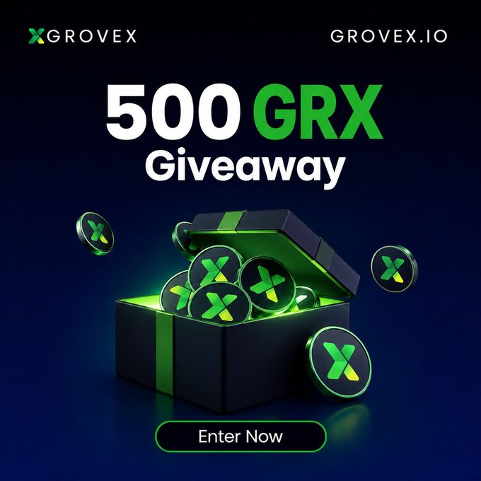 A promotional graphic for GroveX (grovex.io) announces a "500 GRX Giveaway" featuring an open treasure chest overflowing with branded green "X" coins against a dark background, accompanied by an "Enter Now" call-to-action button that corresponds to the crypto giveaway campaign details described.
