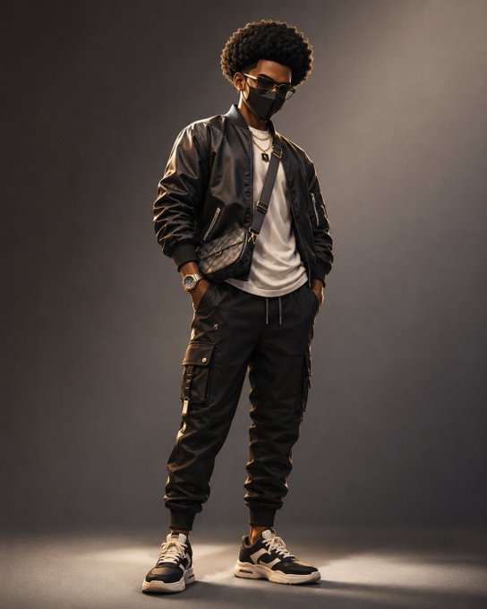 The image features a man wearing black pants and a white shirt with sunglasses on his head. He has a face mask on, which adds an element of mystery or anonymity to his appearance. The man appears to be posing for a photo, possibly for a social media post related to the campaign by @NomismaNetwork.
