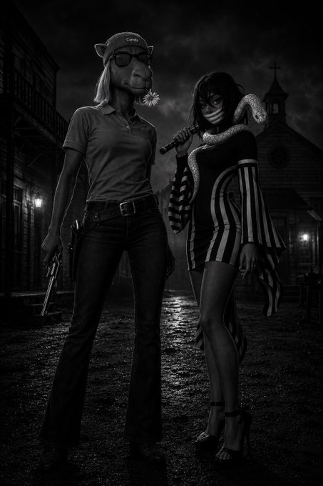 A black-and-white digital illustration featuring a character with a horse/donkey mask holding a gun and a masked woman with a snake in a Western ghost town setting.