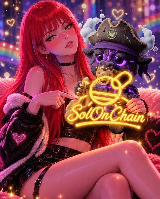 An anime-style illustration of a red-haired woman with a purple pirate-hat-wearing creature, alongside neon text reading '$OiOnChain' with a Saturn logo.