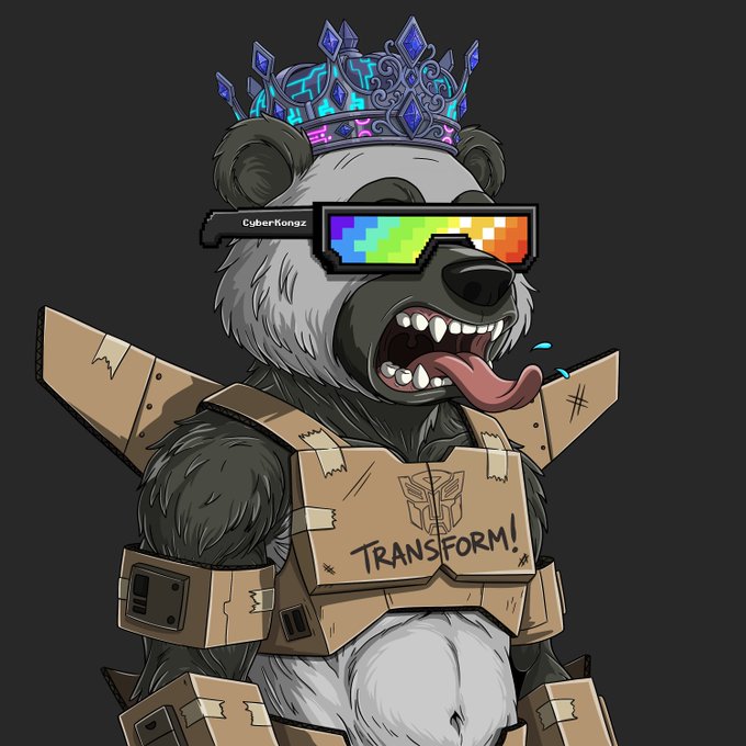A cartoon panda wearing pixelated rainbow sunglasses labeled 'CyberKongz', a jeweled crown, and cardboard Transformers armor with the word 'TRANSFORM!' on the chest.
