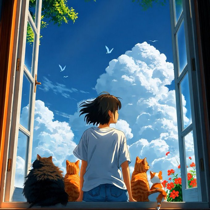 An anime-style illustration shows a young person sitting on a windowsill surrounded by four cats, looking out at a bright blue sky filled with fluffy white clouds, birds, and red flowers.