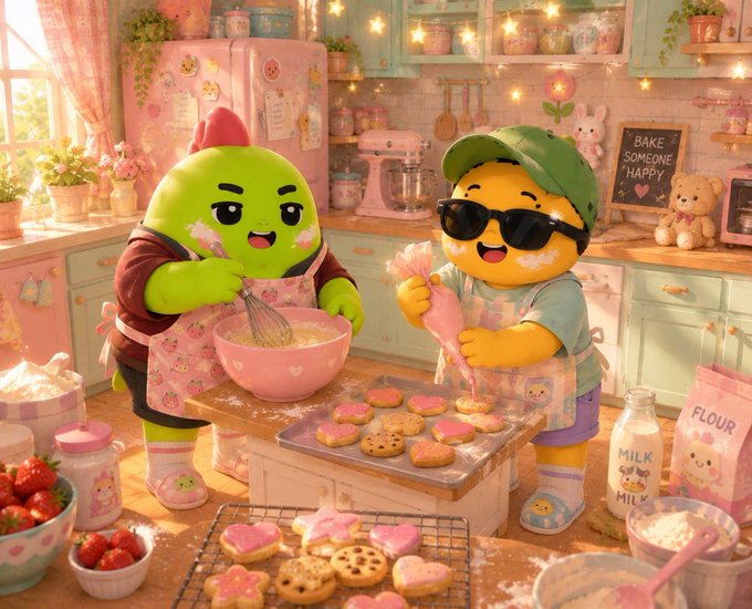 A cute, colorful 3D-style illustration of two anthropomorphic fruit/vegetable characters baking heart-shaped cookies together in a pastel kitchen, with a chalkboard reading 'BAKE SOMEONE HAPPY'.
