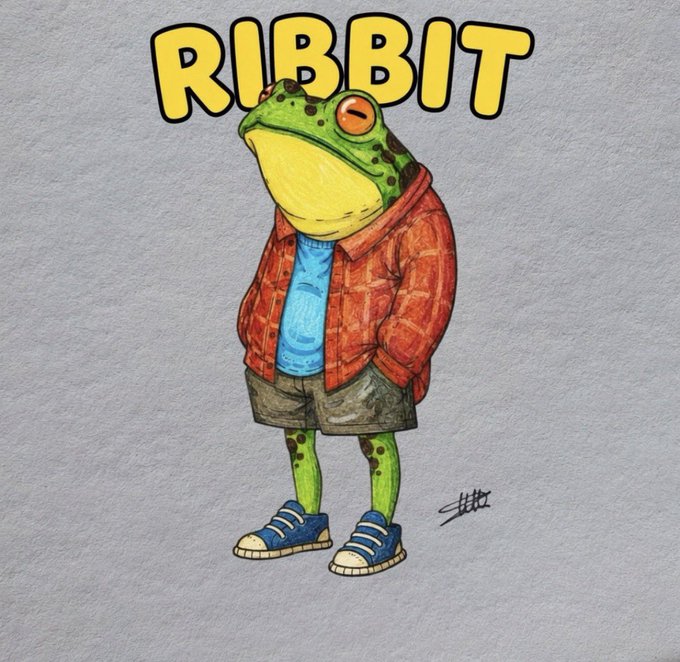 A cartoon frog wearing a red plaid shirt, blue t-shirt, gray shorts, and blue sneakers stands below bold yellow "RIBBIT" text, visually representing the $RIBBIT meme token being promoted as it gains momentum on Solana with upcoming prediction market utility.