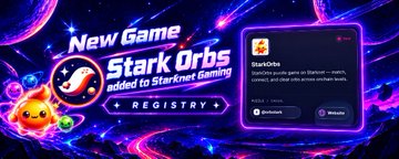 A promotional graphic with a vibrant purple and pink cosmic background announcing a 'New Game' called 'Stark Orbs', described as 'attached to Starknet Gaming', featuring a 'REGISTRY' button and a smartphone displaying the game.