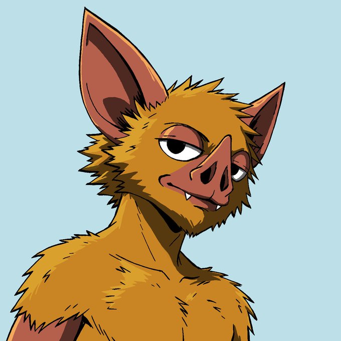 A cartoon illustration of a furry bat-like creature with large pointed ears and a pig-like snout, looking unamused against a light blue background.
