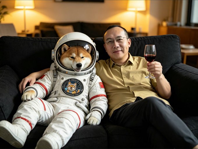 A man relaxes on a dark sofa holding a glass of red wine while posing alongside a Shiba Inu dog dressed in a white astronaut suit with patches, creating a humorous and surreal scene. The caption "Theirs Expression in one's eyes, all have stories" ties to the calm, contemplative gaze of both the man and the dog's astronaut-helmeted face, suggesting quiet companionship and shared narrative.