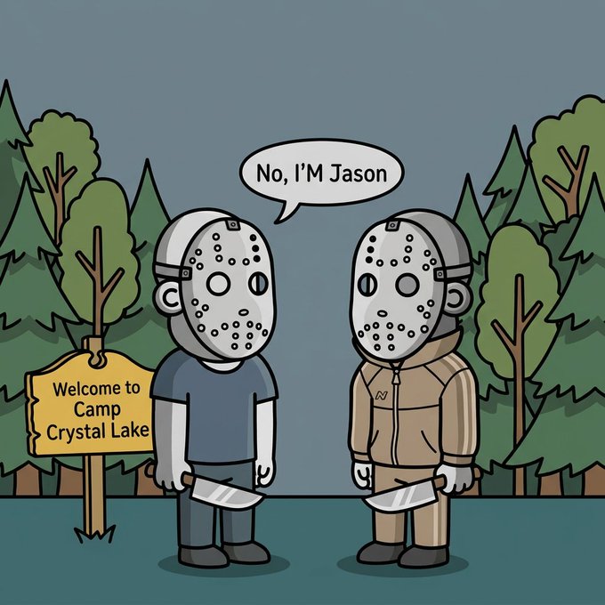 The image features two cartoon characters standing next to each other, both wearing masks that look like hockey goalie helmets. One of them has a speech bubble with the text "No, I'm Jason" written above his head. The setting appears to be a forest or park area, and there is a sign in the background that reads "Welcome to Camp Crystal Lake".