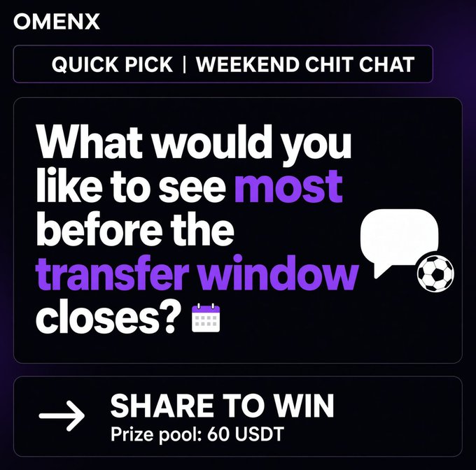 Promotional graphic from OMENX with the text 'QUICK PICK | WEEKEND CHIT CHAT' and 'What would you like to see most before the transfer window closes?', along with a 'SHARE TO WIN' note for a 'Prize pool: 60 USDT'.