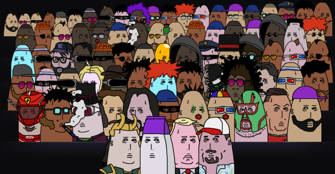 A crowded illustration of numerous stylized cartoon faces, many wearing 3D glasses, hats, sunglasses, or wrestling masks, resembling a diverse NFT or meme character collection.