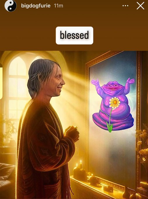 An Instagram story from 'bigdogfurie' with the caption 'blessed,' showing an AI-generated image of a man praying before a glowing purple Buddha-like statue with a daisy, depicted as a religious icon.