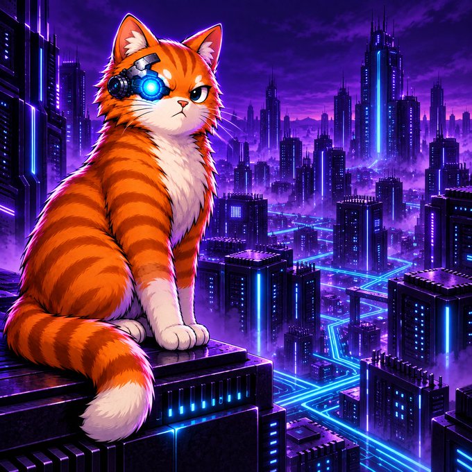 A digital illustration of an orange tabby cat with a glowing blue cybernetic eye patch, perched on a rooftop overlooking a neon-lit cyberpunk city in purple and blue hues.