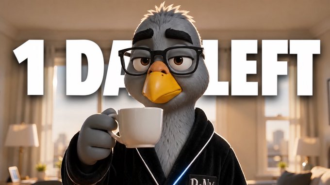 An animated grey bird wearing glasses and a black robe holds a white coffee mug, with bold white text reading '1 DAY LEFT' overlaid across the image.