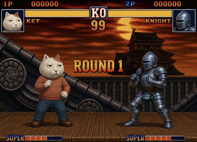 The image shows a fighting game screen with "ROUND 1" and a KO countdown at "99," featuring two characters: a cat-like figure labeled "KET" on the left and a knight in armor labeled "KNIGHT" on the right. The scene parodies classic fighting games, likely symbolizing the "KET" (pump.fun's native token) battling against traditional investment "knights," aligning with the post's message about engaging content outperforming static charts in capturing attention.