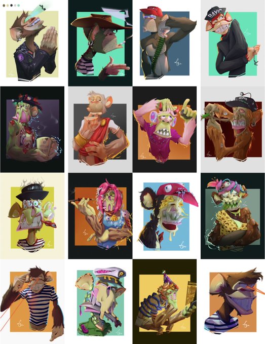 A grid of 16 cartoon-style character illustrations depicting various anthropomorphic figures, creatures, and stylized portraits with exaggerated features and vibrant colors.