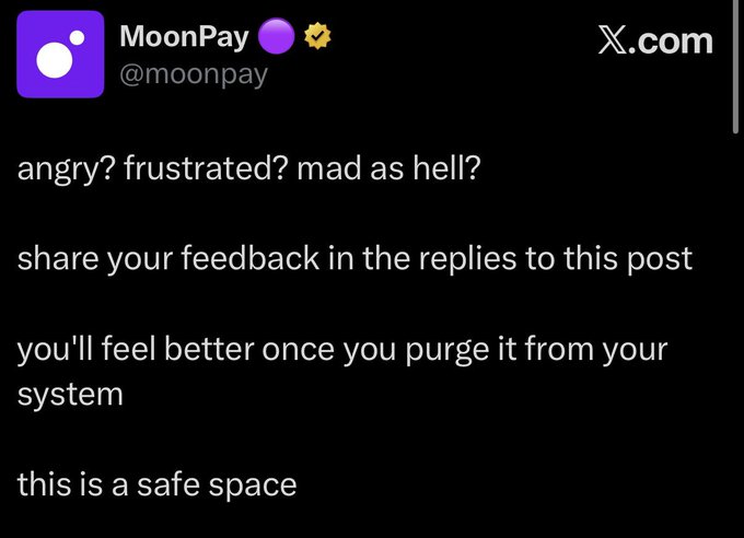 The image shows a tweet from MoonPay (@moonpay) on X.com inviting users to share angry or frustrated feedback in the replies, calling it a "safe space" to vent. The tweet ties into the post's theme, as MoonPay's playful invitation for people to vent frustrations mirrors the idea of "rage baiting" the crypto community, encouraging emotional responses in the reply section.