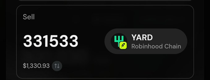 The image shows a sell listing for 331,533 YARD tokens on Robinhood Chain priced at $1,330.93, suggesting that minting a YARD NFT requires a substantial upfront investment exceeding $1,300.