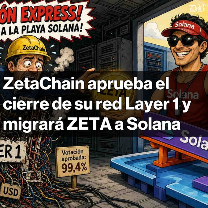 A cartoon illustration showing a worker in a hard hat and a man in a Solana cap, with Spanish text "ZetaChain aprueba el cierre de su red Layer 1 y migrará ZETA a Solana" and a sign showing "Votación aprobada: 99,4%".
