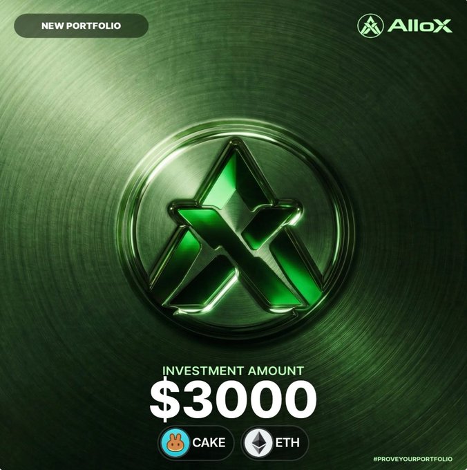 A promotional graphic for AlloX with 'NEW PORTFOLIO' tag, displaying a green metallic 'A' logo and an 'INVESTMENT AMOUNT $3000' accepting CAKE and ETH cryptocurrencies, with hashtag #PROVEYOURPORTFOLIO.