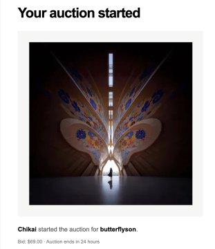 An auction notification: 'Your auction started' for butterflyson, with bid $69.00 and 24 hours remaining, featuring an image of a person standing before a large glowing butterfly-shaped installation.