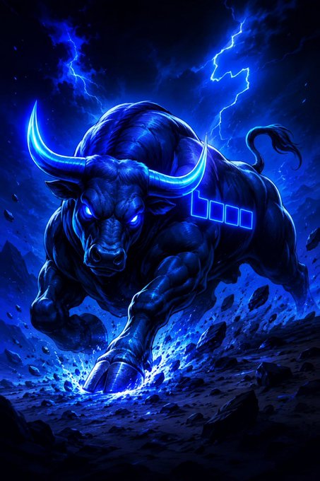 A digital artwork depicting a glowing blue muscular bull with glowing blue horns charging forward amidst lightning and debris.