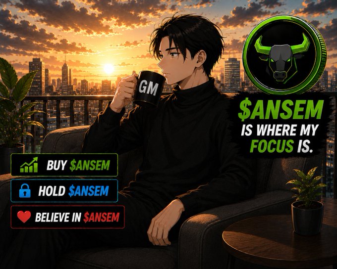 An anime-style character in a black turtleneck sips from a "GM" mug on a rooftop overlooking a city skyline at sunset, with overlays reading "BUY $ANSEM," "HOLD $ANSEM," "BELIEVE IN $ANSEM," and "$ANSEM IS WHERE MY FOCUS IS," reinforcing the post's message of bullish conviction toward $ANSEM and @BullpenFi.