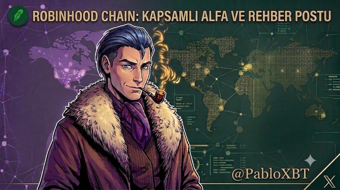 A thumbnail image titled 'ROBINHOOD CHAIN: KAPSAMLI ALFA VE REHBER POSTU' by @PabloXBT, featuring an illustrated man with blue hair smoking a pipe.