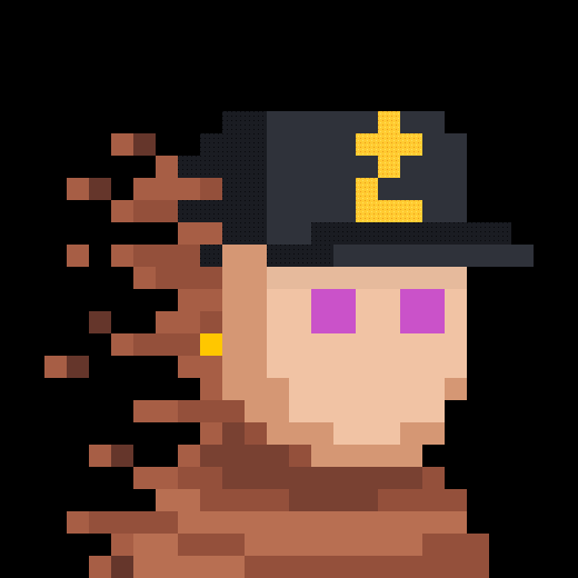 A pixel art character with purple eyes, wearing a dark cap with yellow symbols, depicted with brown pixelated disintegration effects.