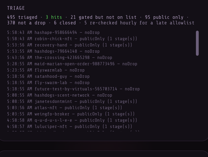 A dark screen displays a 'TRIAGE' log with statistics like '495 triaged, 3 hits' and lists usernames with timestamps and statuses such as 'noDrop' and 'publicOnly'.