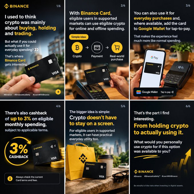 A six-panel Binance carousel post promoting the Binance Card, detailing its use for everyday purchases via Google Wallet tap-to-pay and offering up to 3% cashback on eligible monthly spending, tagged #LearnWithBinance.