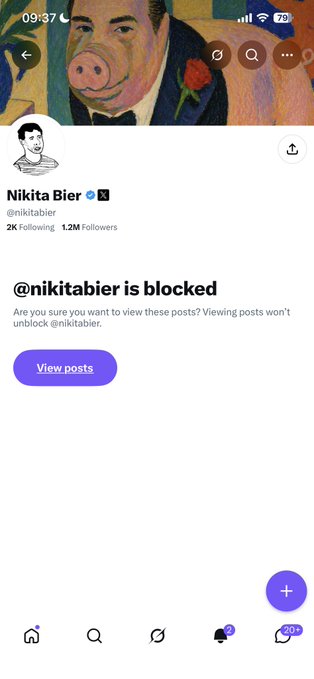 A Threads profile page for Nikita Bier (@nikitabier) with 2K Following and 1.2M Followers displays a message that "@nikitabier is blocked," along with a "View posts" button, humorously illustrating the post's message about being blocked despite engagement.