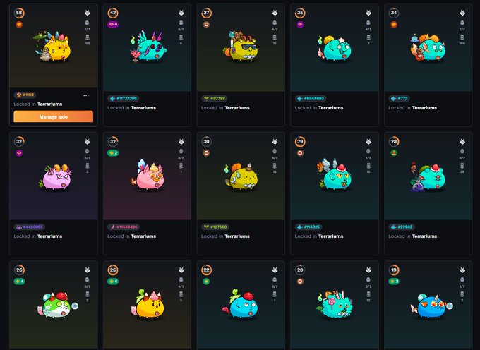 Grid of fifteen colorful axolotl NFT characters, each labeled 'Locked in Terrariums' with #id numbers and various stats displayed.