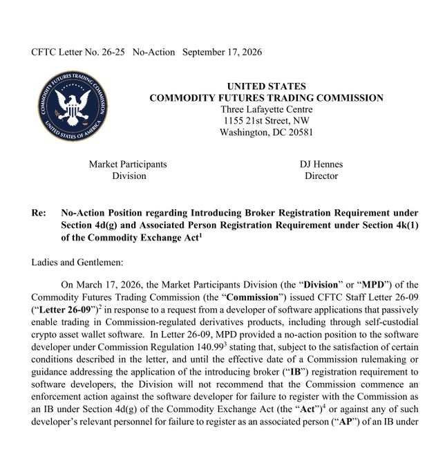 An official letter from the United States Commodity Futures Trading Commission dated September 17, 2026, titled 'CFTC Letter No. 26-25', regarding a 'No-Action Position' for broker registration for self-custodial software developers.